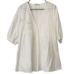 Zara White Eyelet V-Neck Bathing Suit Swim Suit Coverup Sz S Small White Cotton